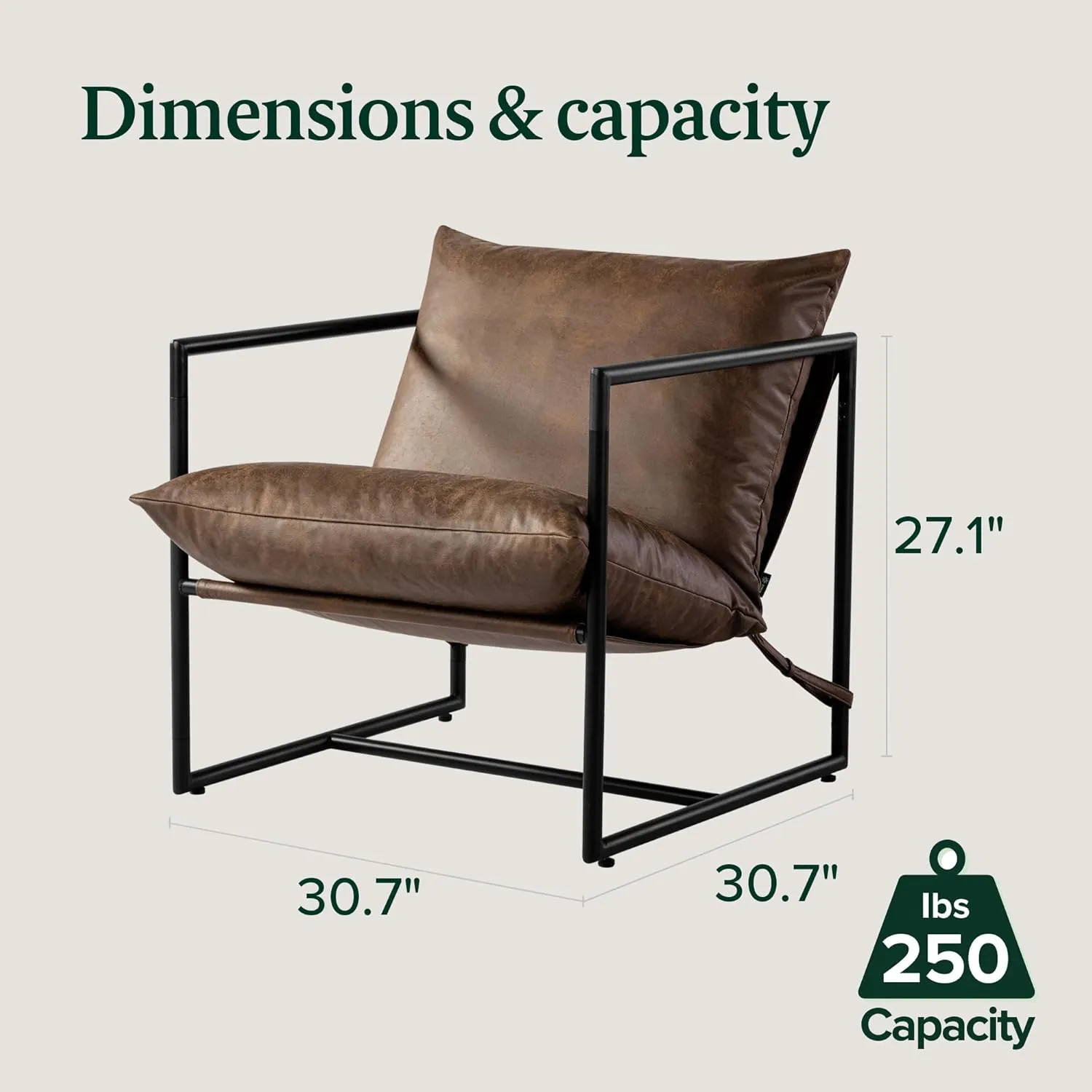 ZINUS Aidan Faux Leather Sling Accent Chair, Metal Framed Armchair with Shredded Foam Cushioning, Cocoa Brown
