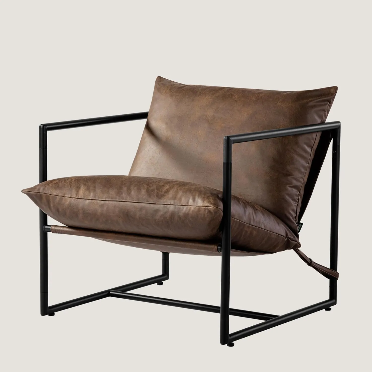 ZINUS Aidan Faux Leather Sling Accent Chair, Metal Framed Armchair with Shredded Foam Cushioning, Cocoa Brown